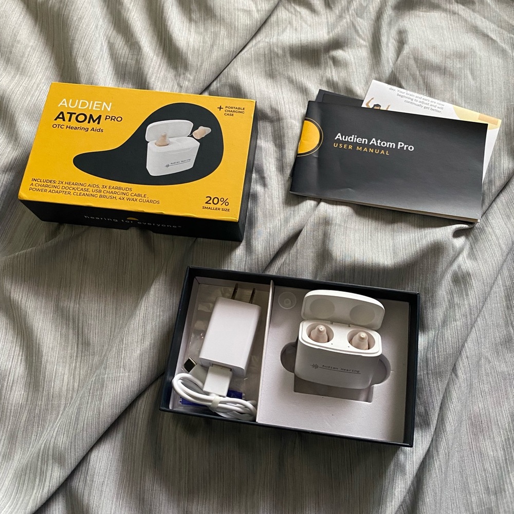 Audience atom pro hearing aids. Worn for 3x’s an hour each time. Not for me.